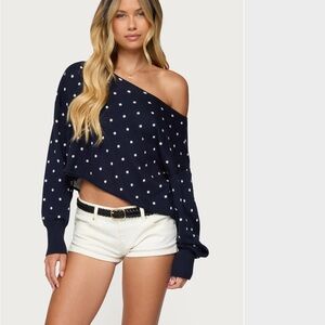Edikted Navy Polka Dot Off-the-Shoulder Sweater